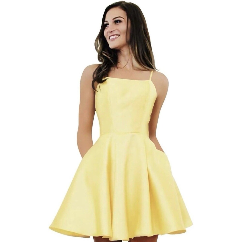 Satin Short Homecoming Dress Spaghetti Straps Sleeveless Formal Gown yellow Sz 0